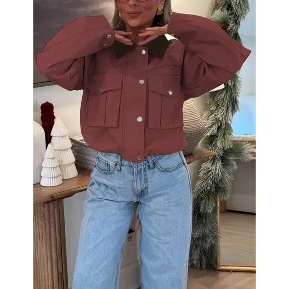 Women's Red Cropped Contrast Collar Utility Coat Cargo Jacket Imported - Picture 6 of 6